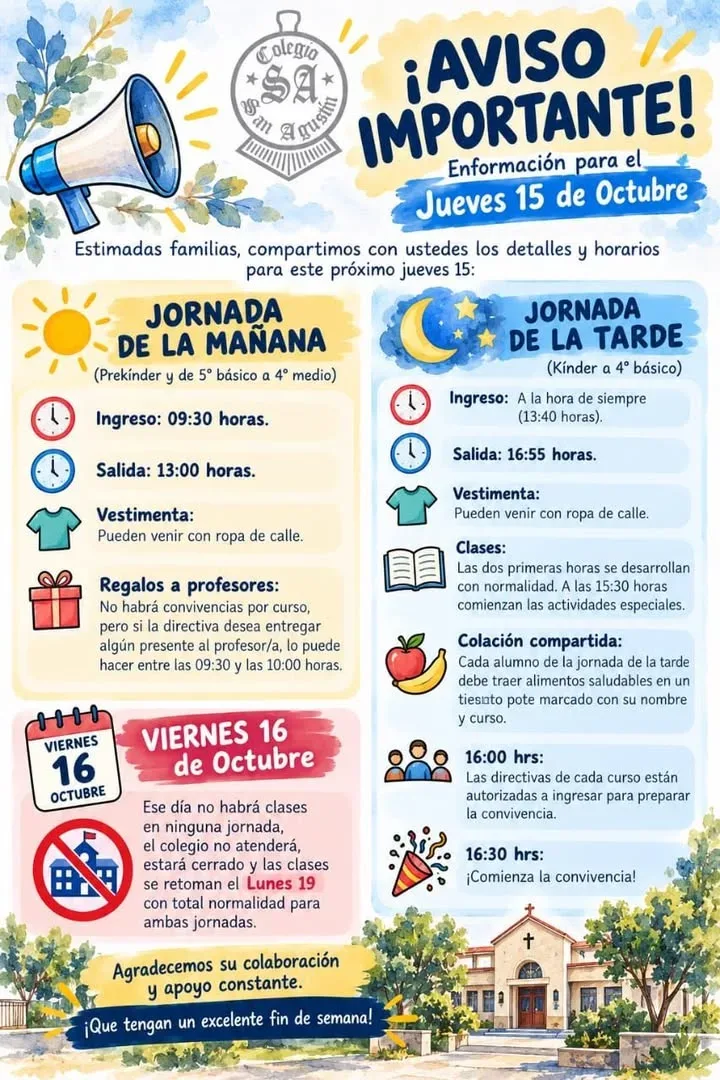 Informan horarios y actividades escolares para este jueves 15 de octubre