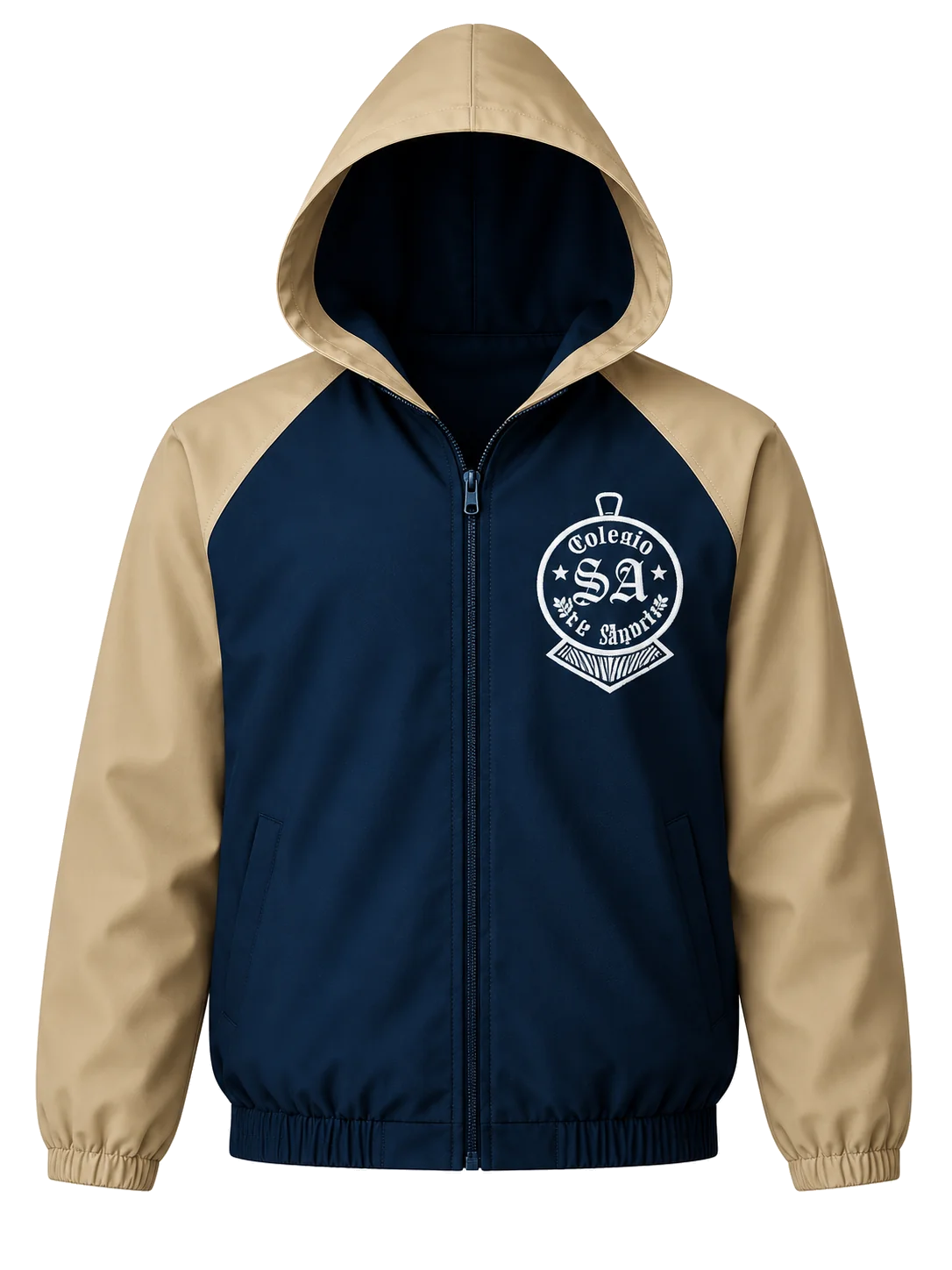 Chaqueta impermeable azul marino con mangas y capucha beige