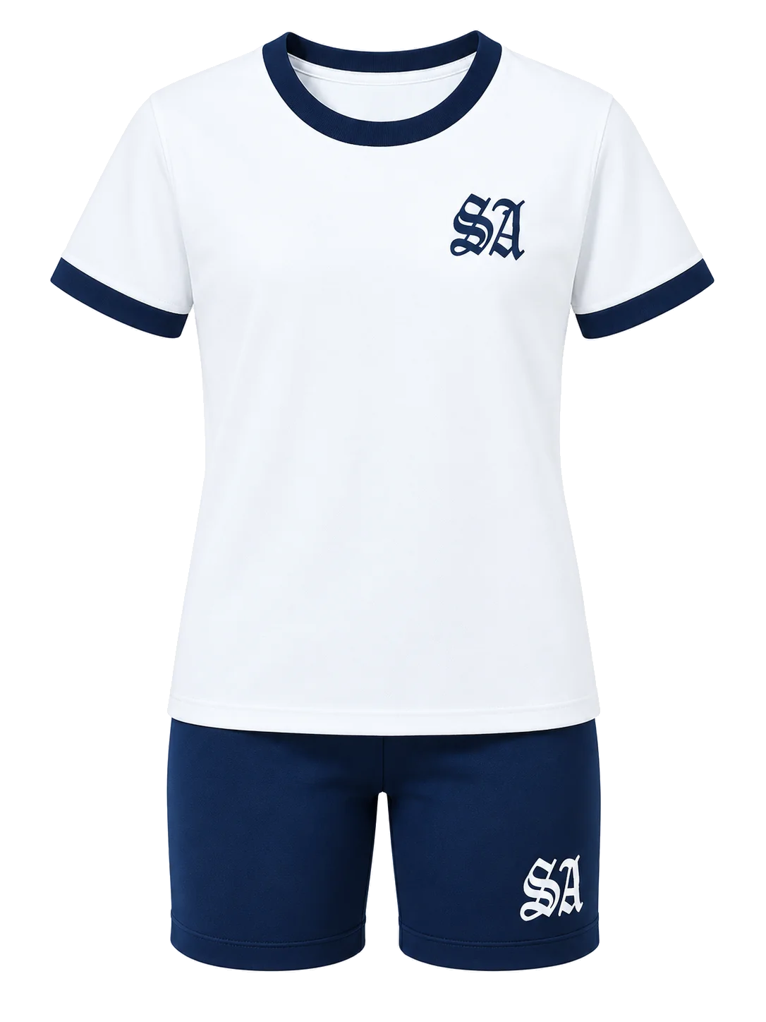 Polera deportiva blanca y calza azul marino
