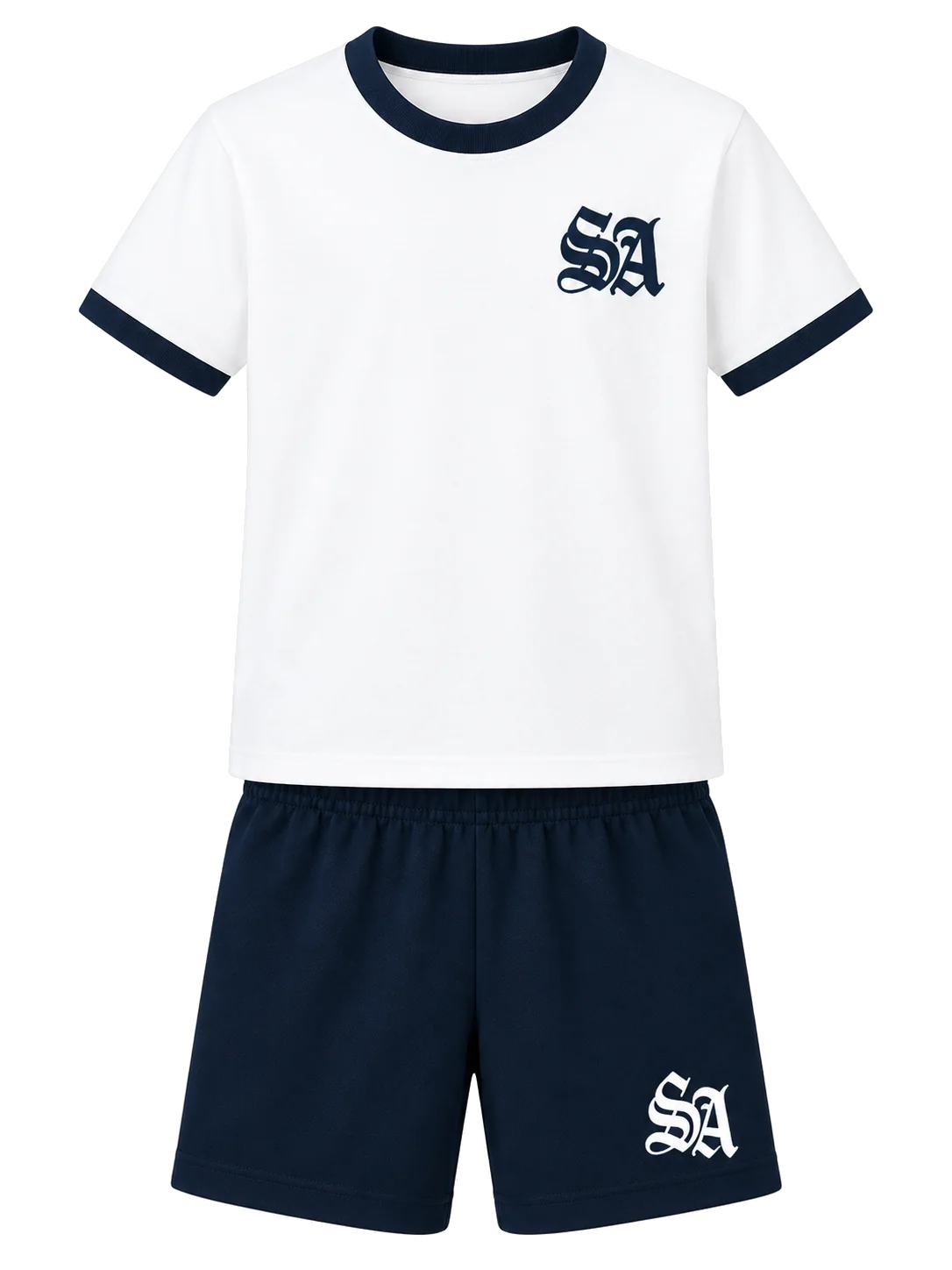 Polera deportiva blanca y short azul marino