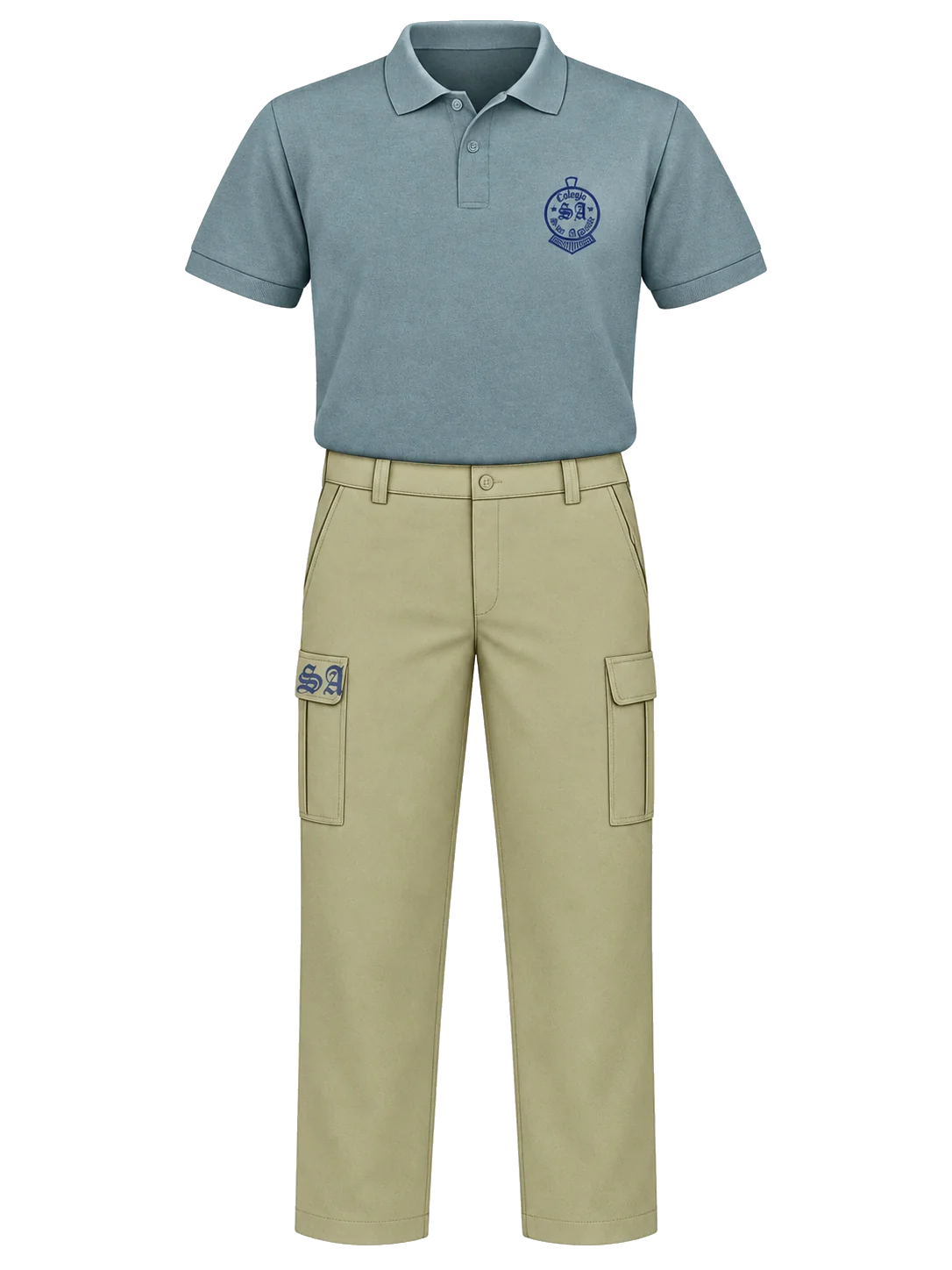 Polera piqué gris y pantalón cargo beige del Colegio San Agustín